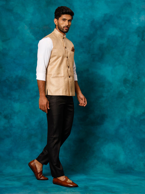 Vastramay Men's Beige Woven Nehru Jacket